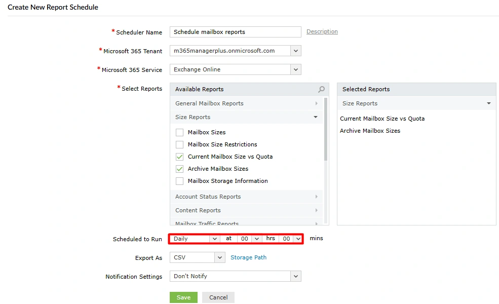 The M365 Manager Plus Create New Report Schedule page, with the Scheduled to Run options highlighted for setting recurrence.