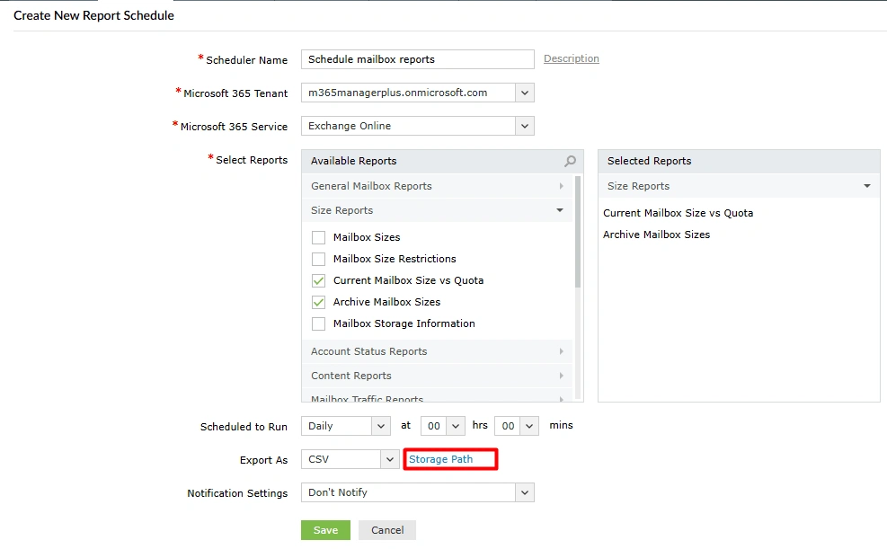 The M365 Manager Plus Create New Report Schedule page, showing the Storage Path link highlighted next to the Export As drop-down.
