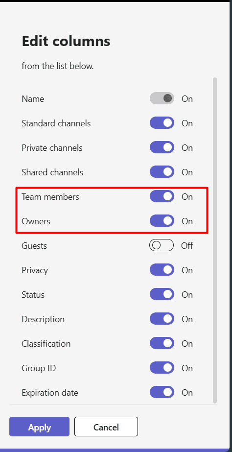 The Microsoft Teams admin center Edit columns sidebar with the Team members and Owners toggle switches highlighted 