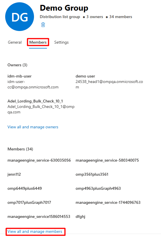 The Exchange admin center with the Members tab for a distribution list named Demo Group.