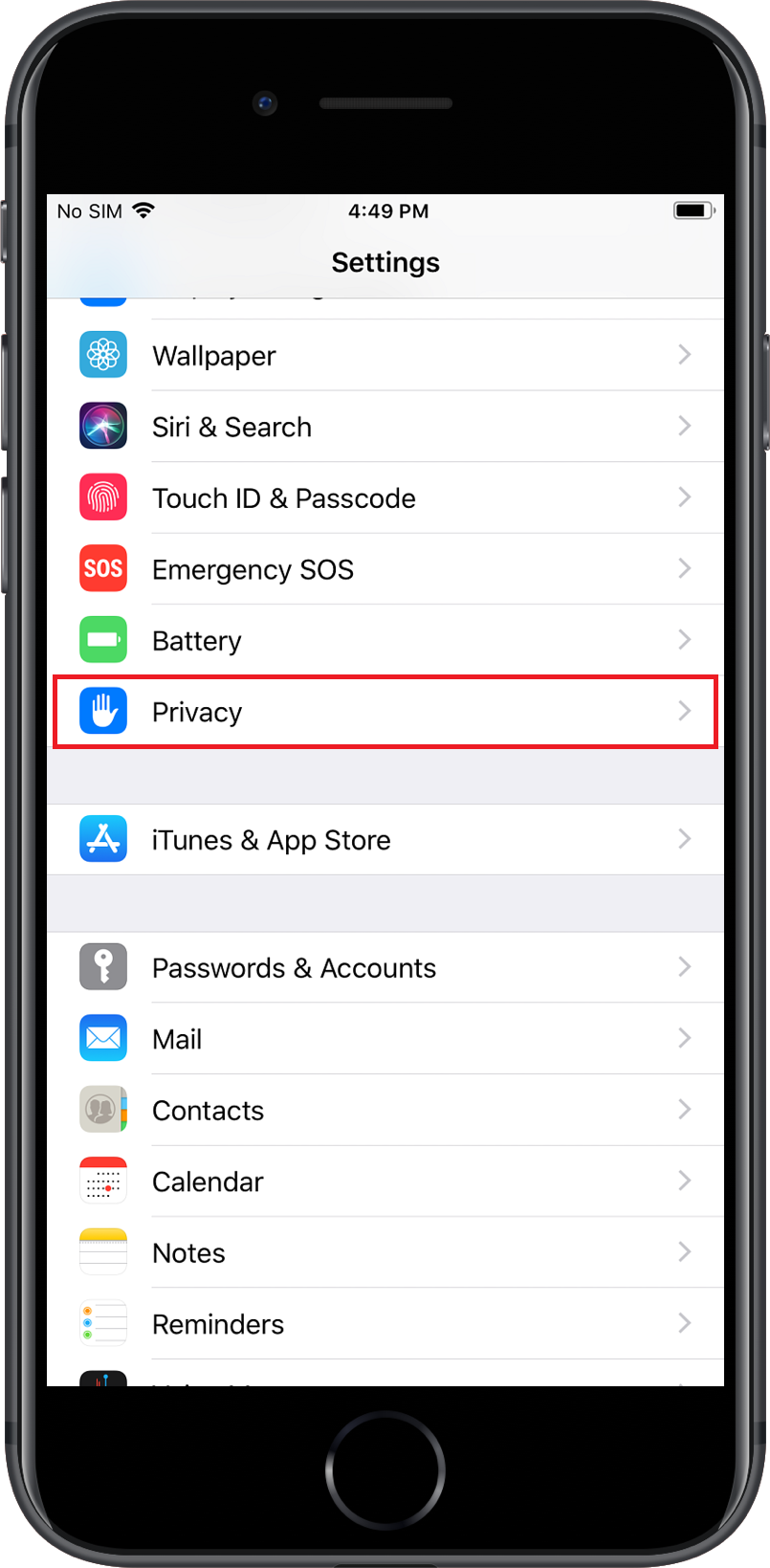 Navigating to Privacy under iPhone Settings to enable Geo-tracking