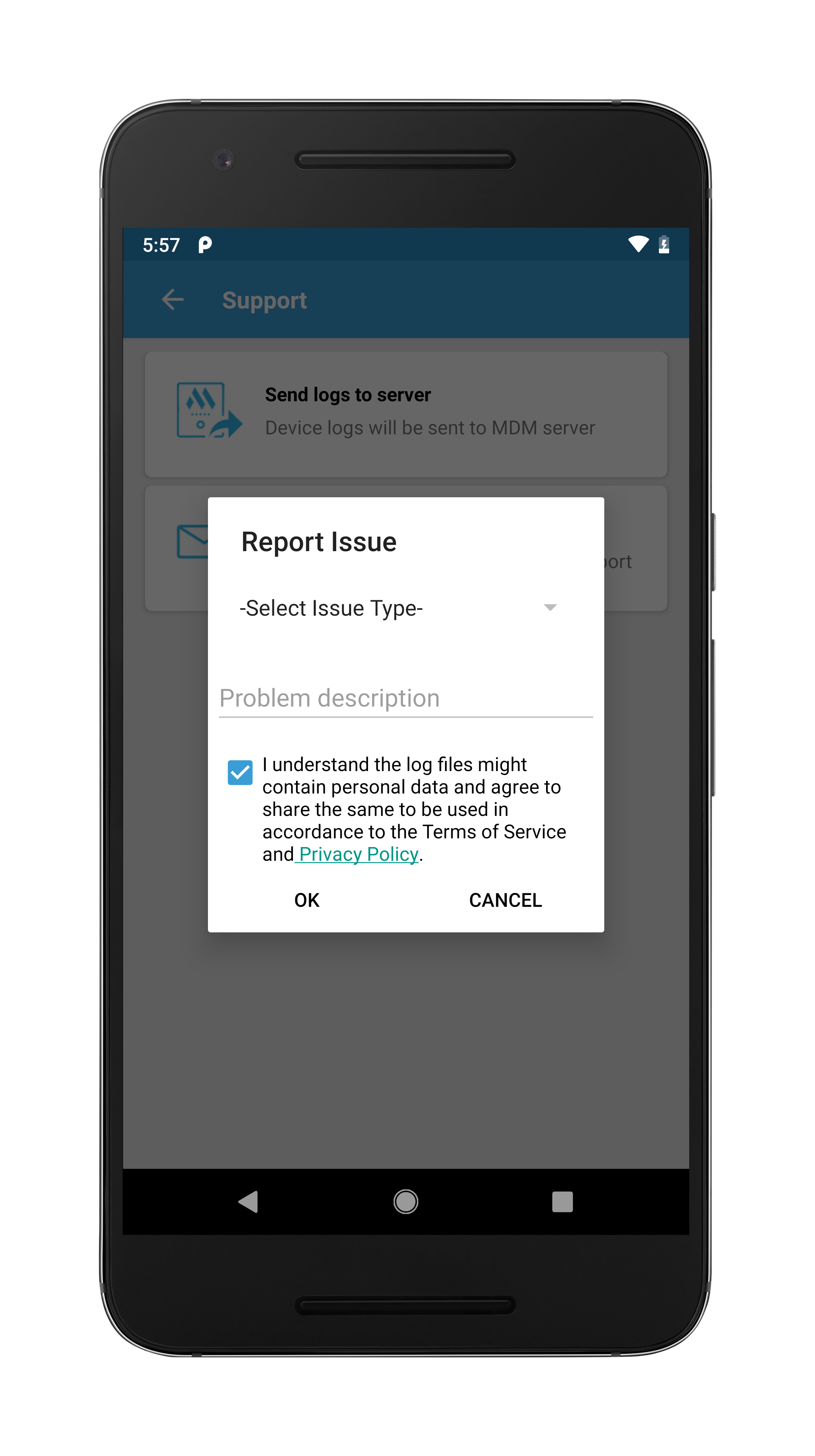 Send logs to MDM support sever and device logs ManageEngine