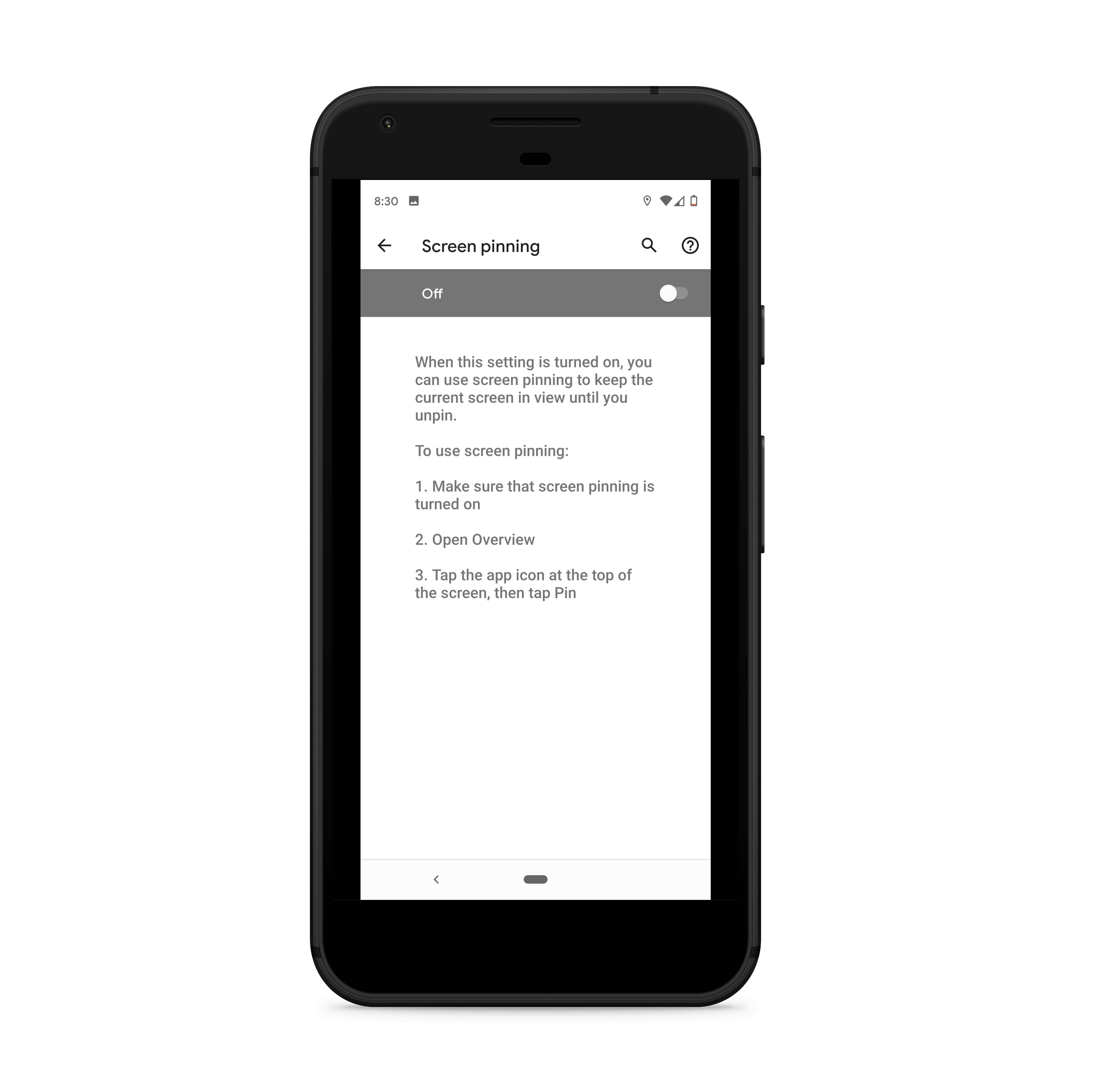 Opening the Screen Pinning menu on Android Devices