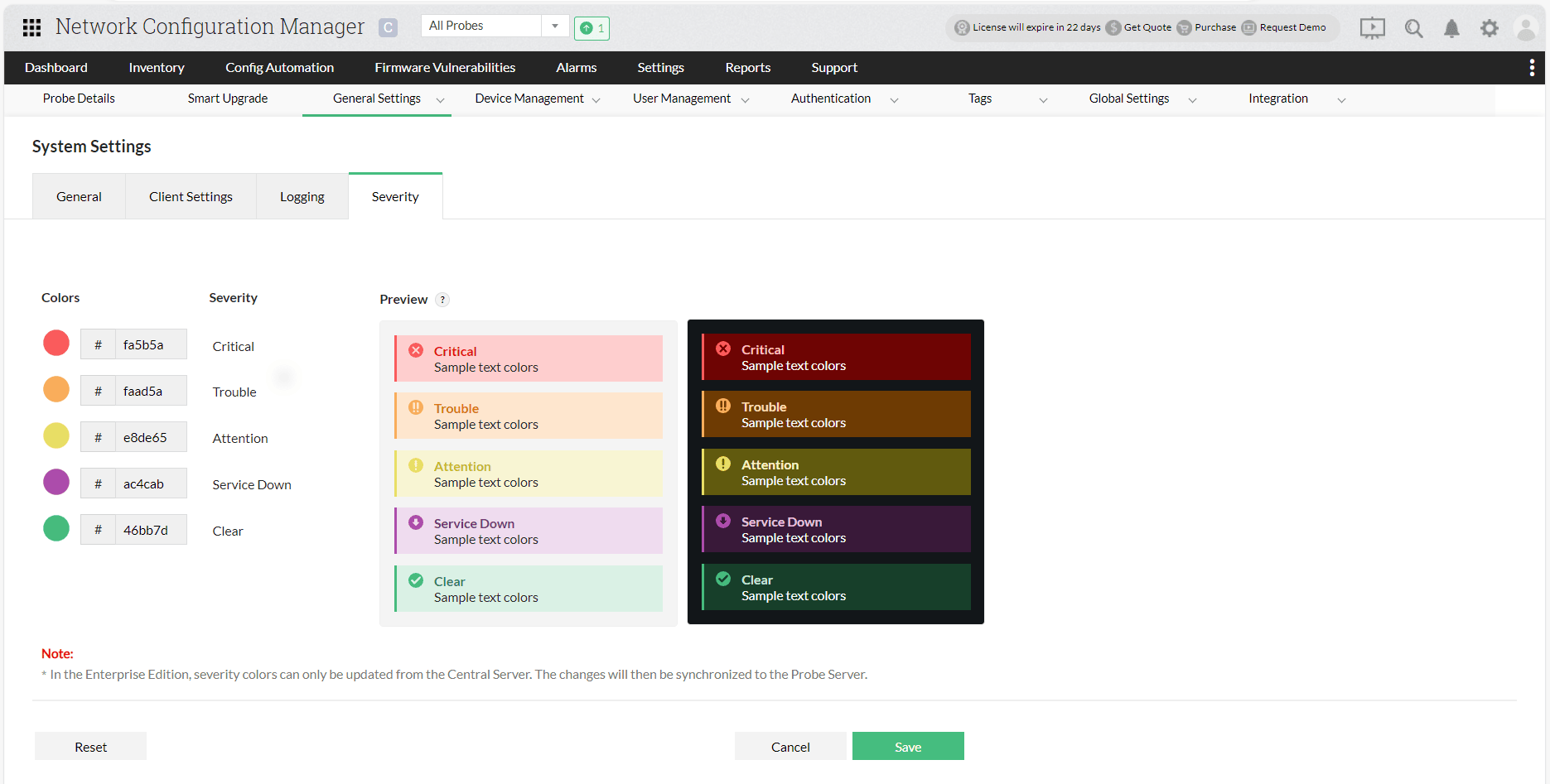Severity Color Settings in Network Configuration Manager - System Settings