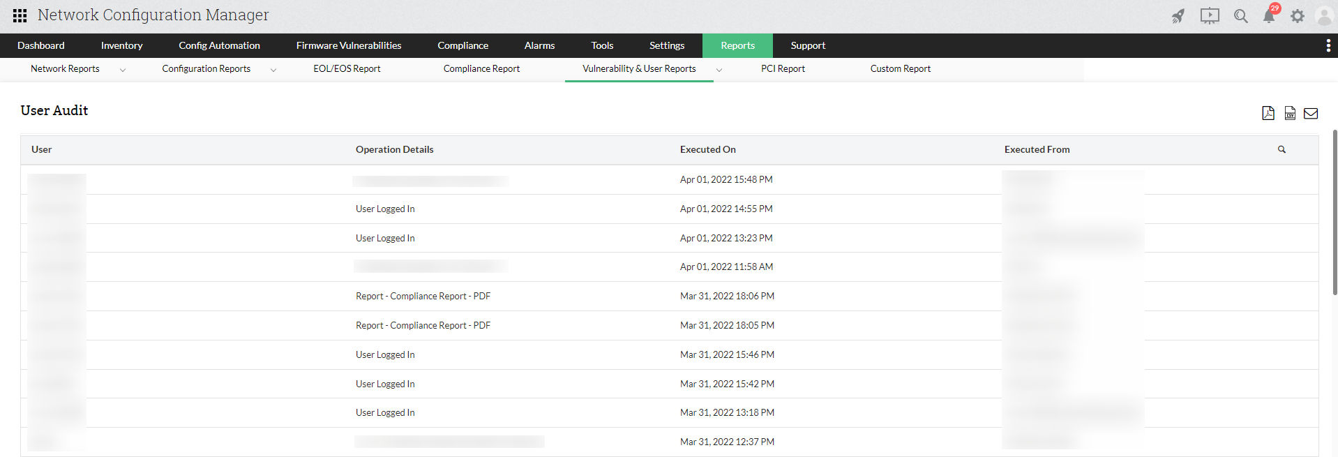 Dashboard de auditoría de informes de Switch HP de Network Configuration Manager