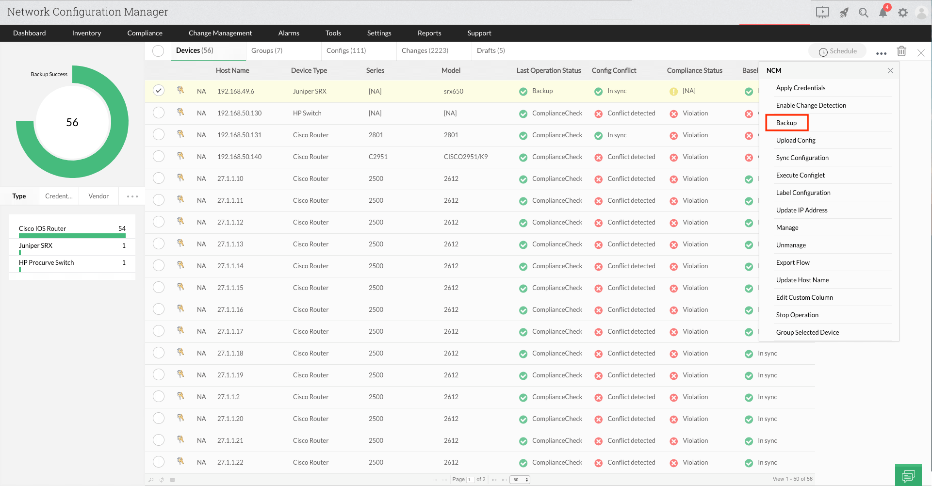 Dashboard de gestión de backup de archivos de configuración en dispositivos de red con NCM