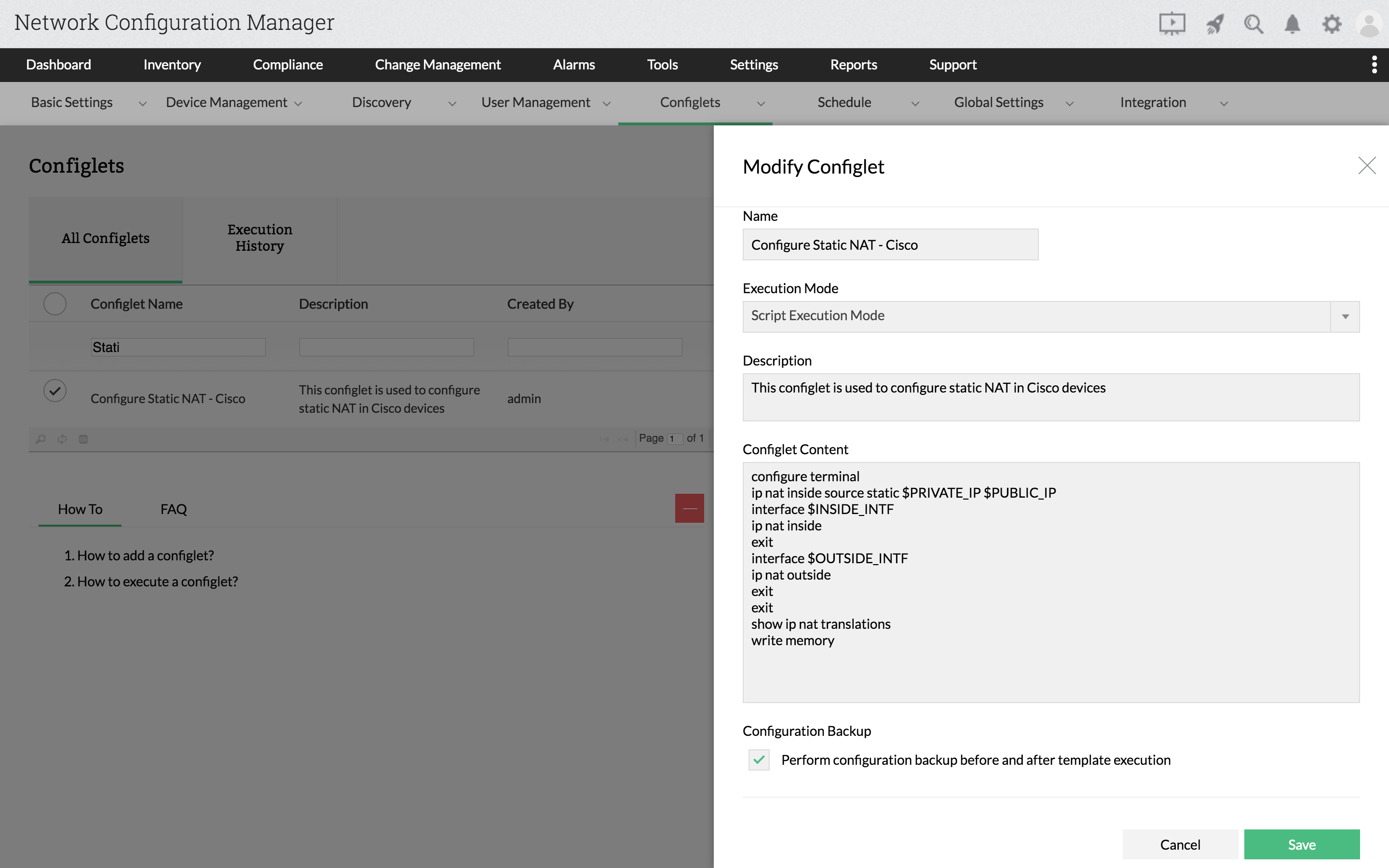 Dashboard de configuración de NAT estático con configlets con Network Configuration Manager
