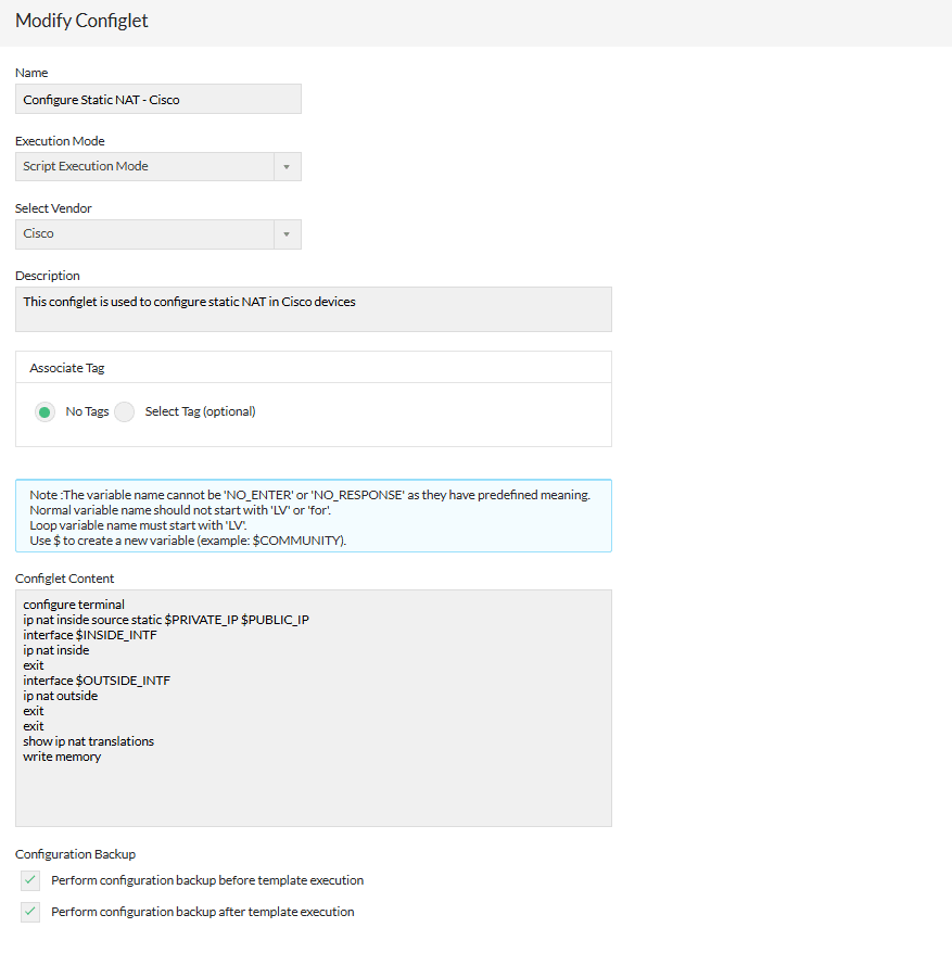 Dashboard de configuración de NAT estático con configlets con Network Configuration Manager