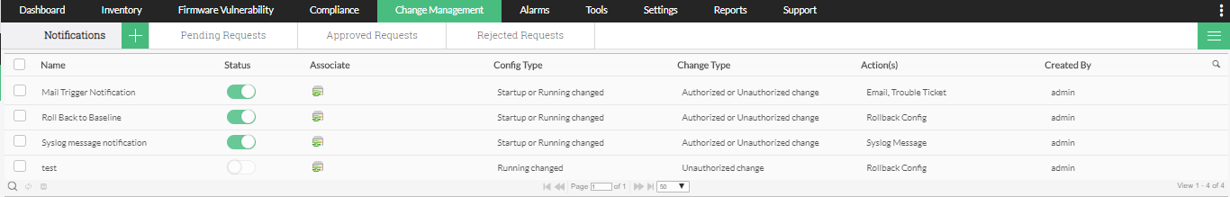 Dashboard de gestión de cambios de configuración de router Huawei de Network Configuration Manager