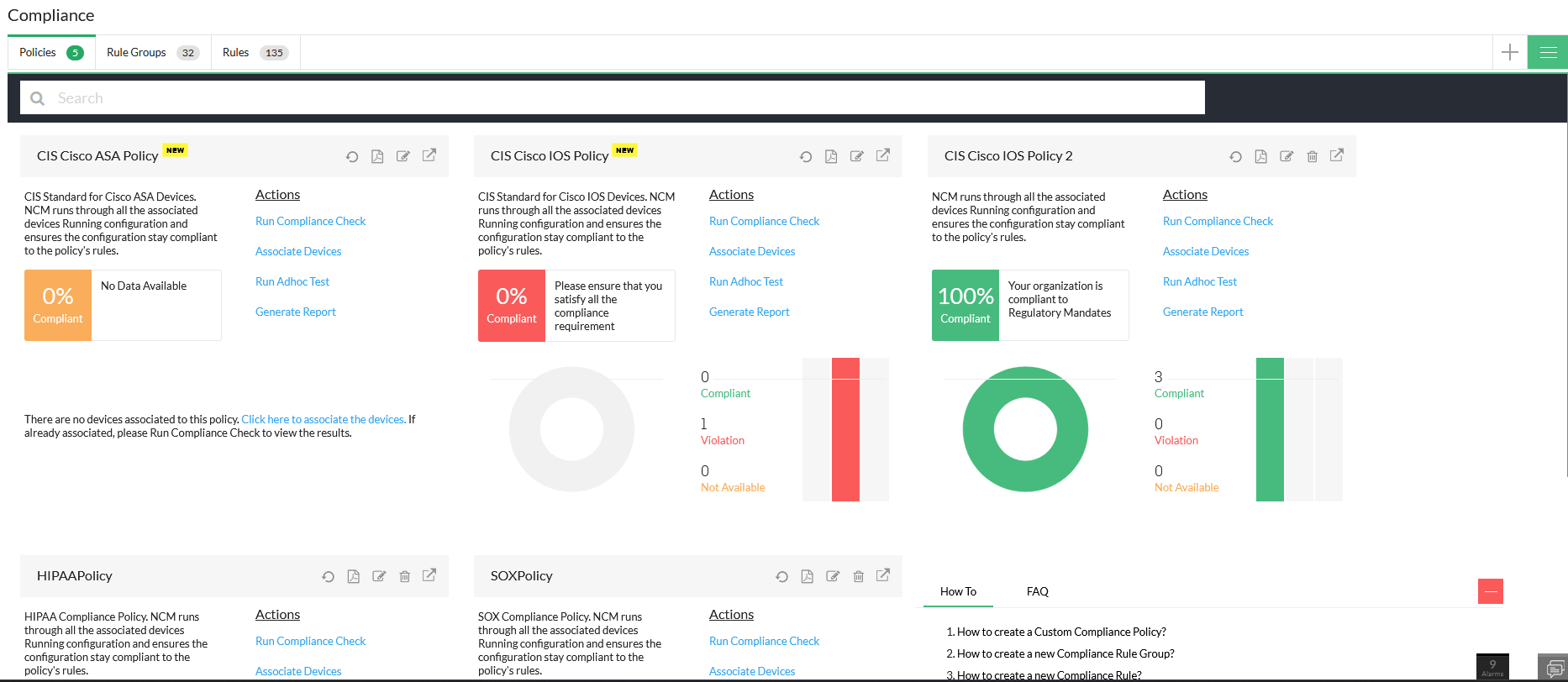 Dashboard de cumplimiento de configuración de router Huawei de Network Configuration Manager