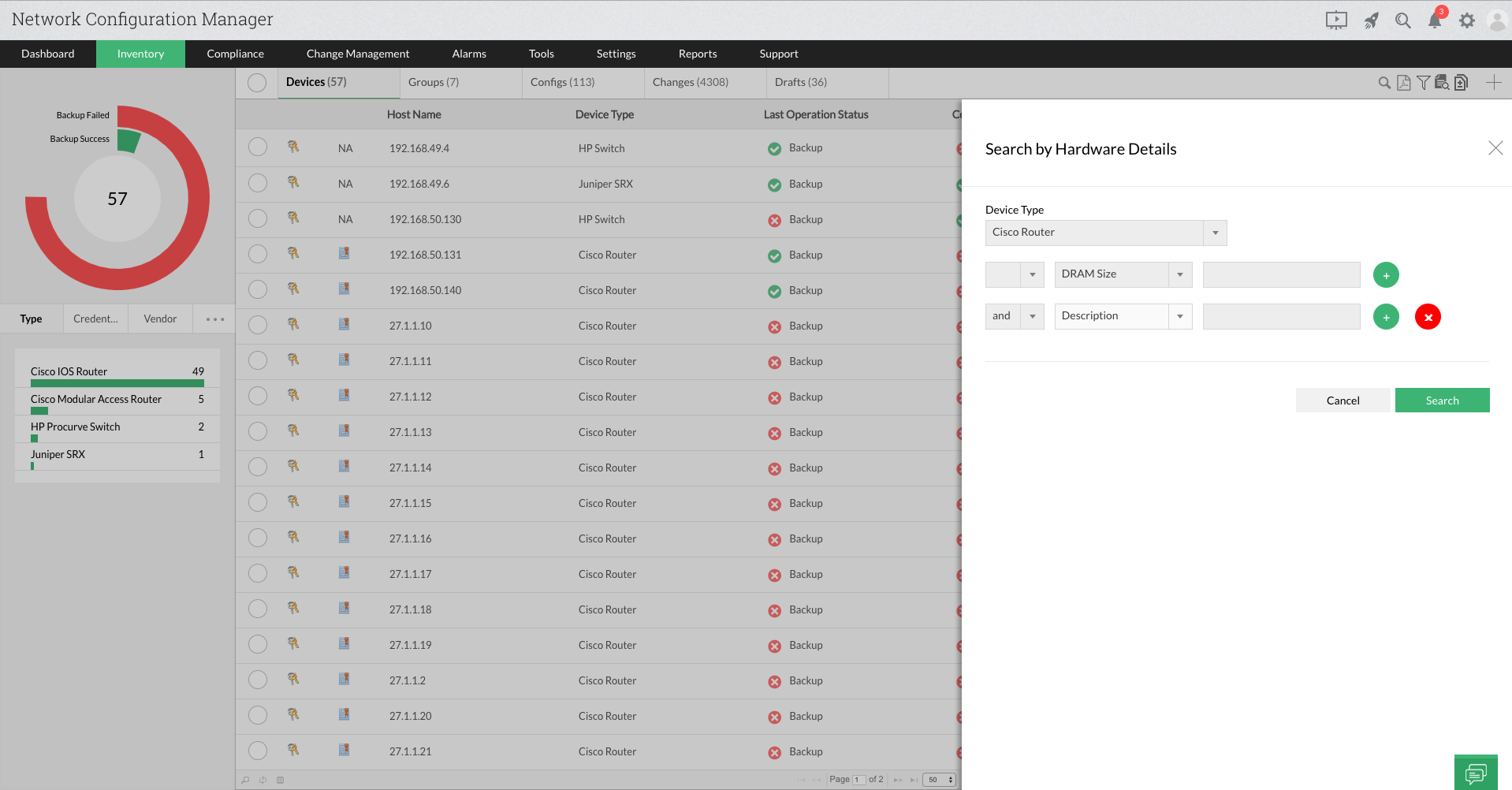 Dashboard de gestión del inventario de la red de Network Configuration Manager