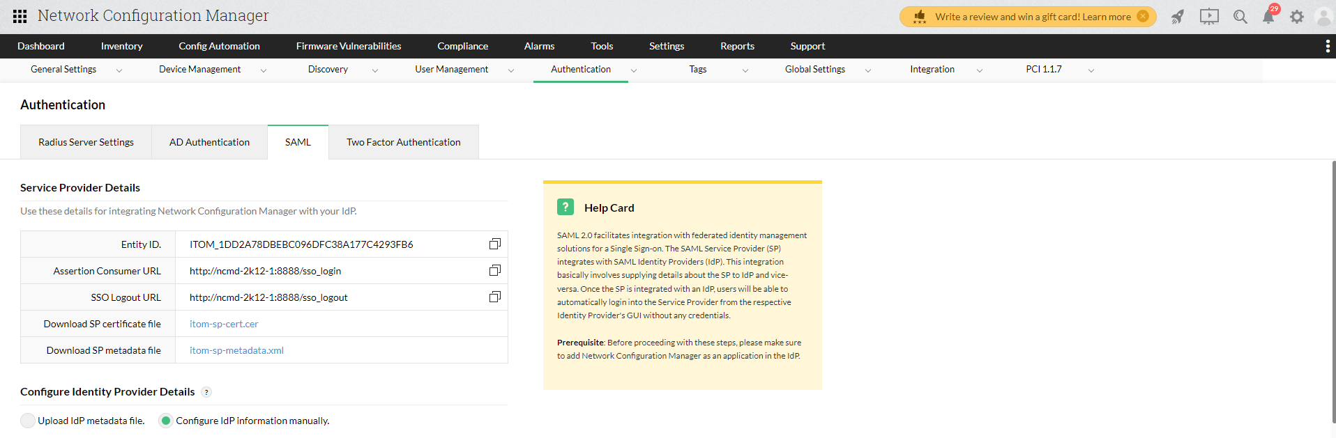 Dashboard detalles del proveedor de servicios de autenticación de SAML de NCM