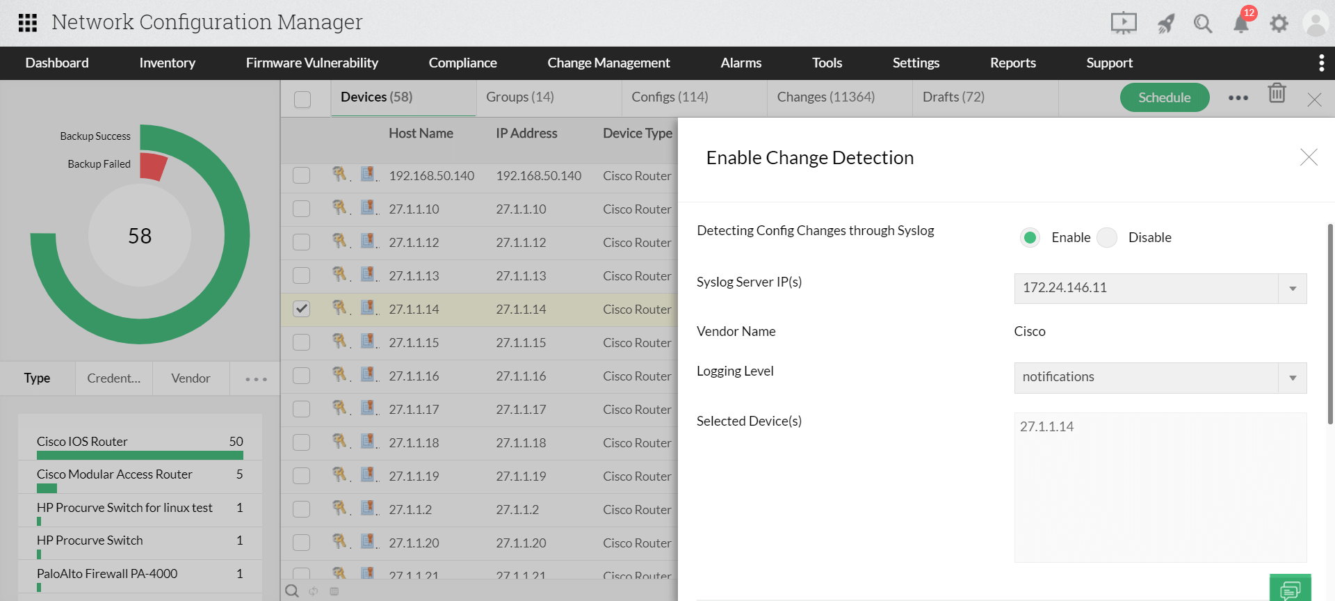 Dashboard de backup automatizado de configuración de Switch Cisco de NCM