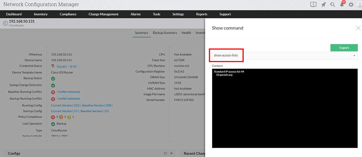 Dashboard de ejecución de comandos de configuraciones de red para mostrar lista de acceso de NCM
