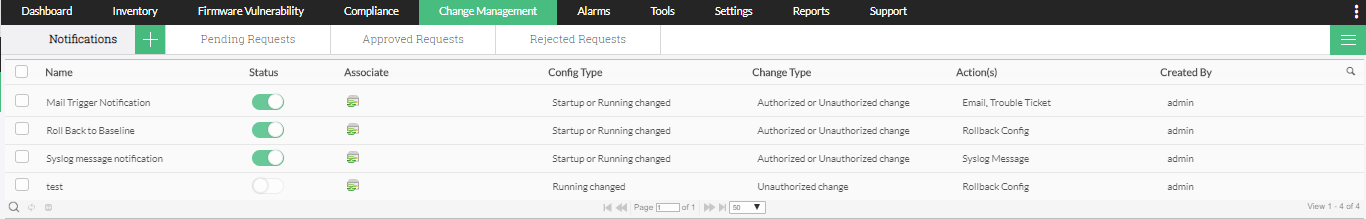 Dashboard de gestión de cambios de configuraciones Aruba de Network Configuration Manager