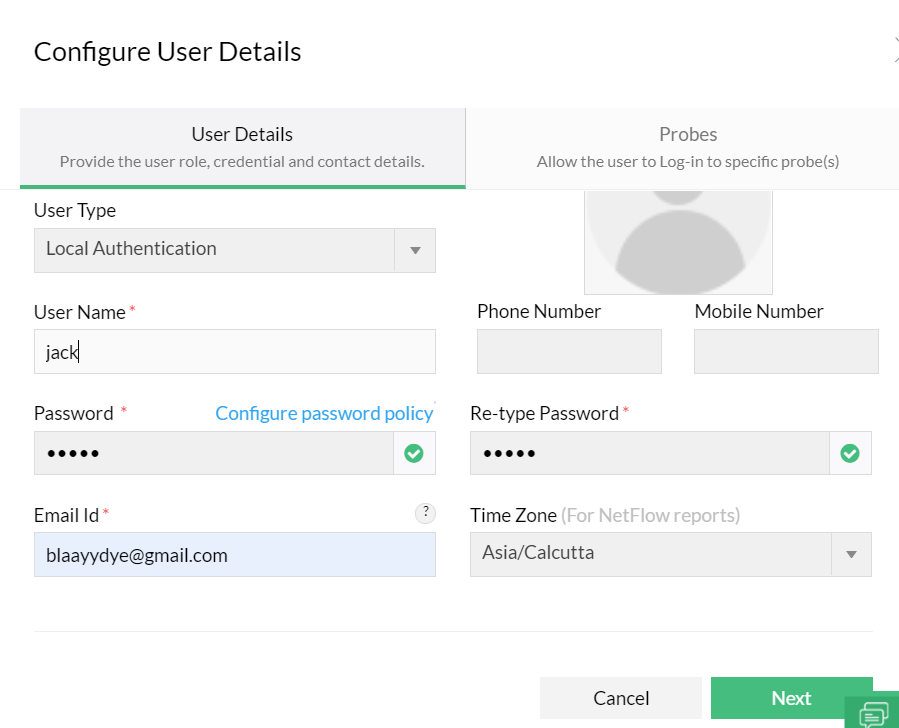 Dashboard de configuración de nuevos detalles de usuarios de Network Configuration Manager
