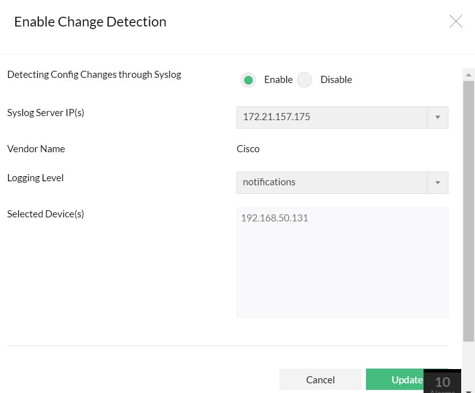 Dashboard de activación de detección de cambios de dispositivos de red con NCM