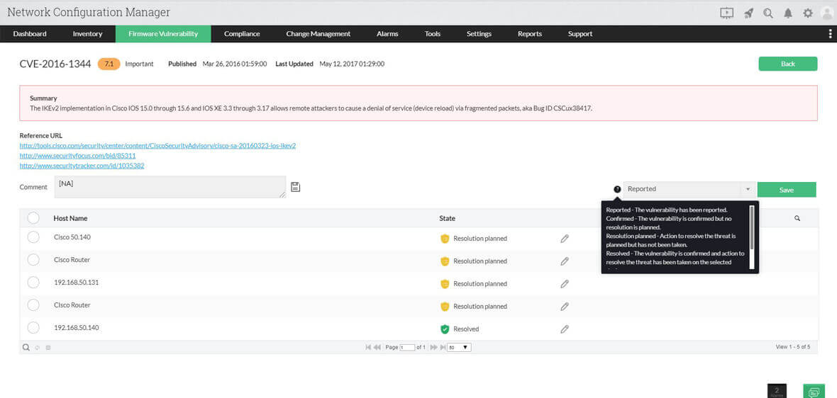 Dashboard de detalles de la ID CVE en vulnerabilidades de firmware de Network Configuration Manager
