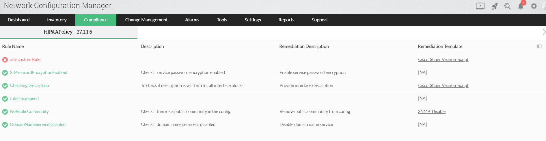 Dashboard de violaciones de informes de cumplimiento con Network Configuration Manager