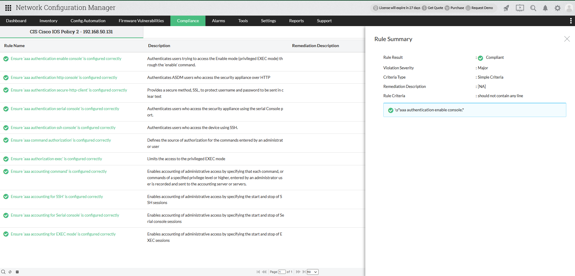 Dashboard de informes de cumplimiento en Network Configuration Manager