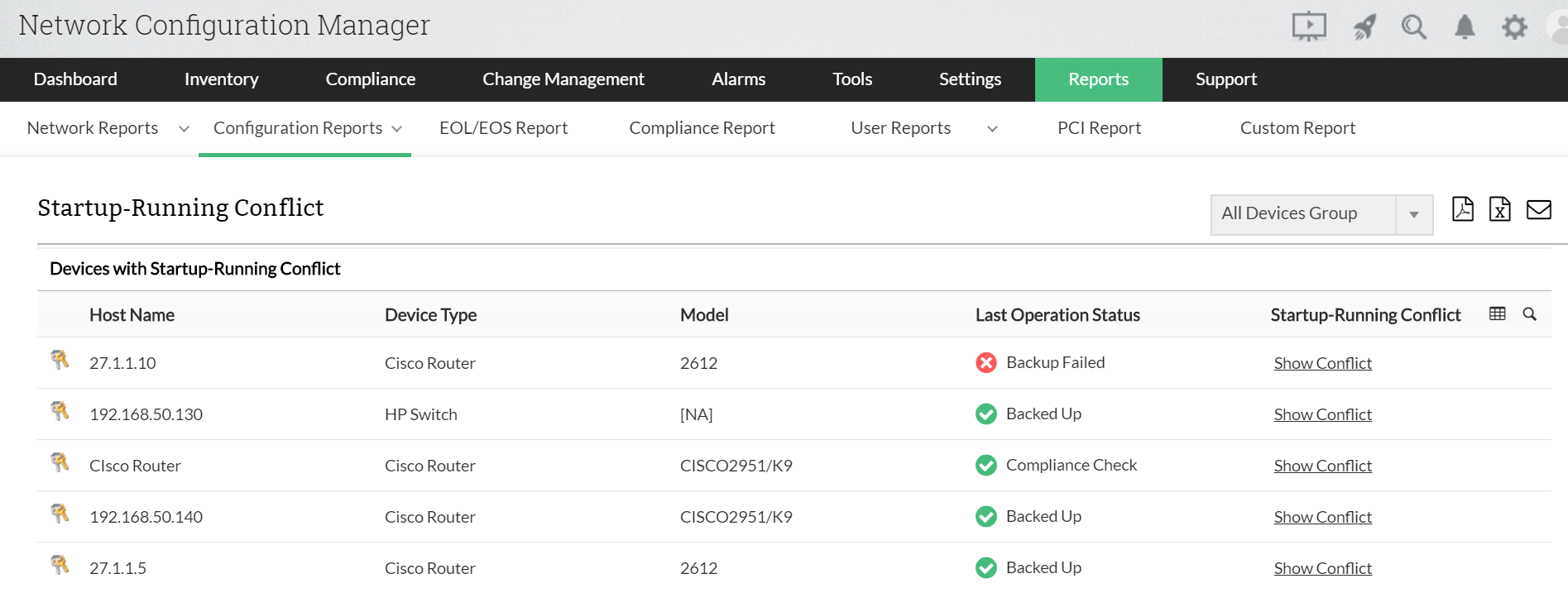 Dashboard de informes de conflictos de inicio-ejecución de dispositivos de Network Configuration Manager
