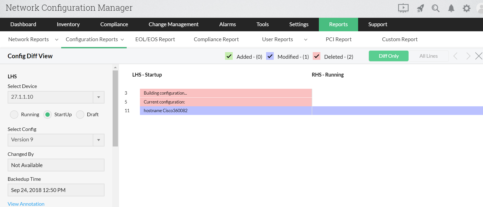 Dashboard de informes de conflictos de inicio-ejecución de Diff View de Network Configuration Manager