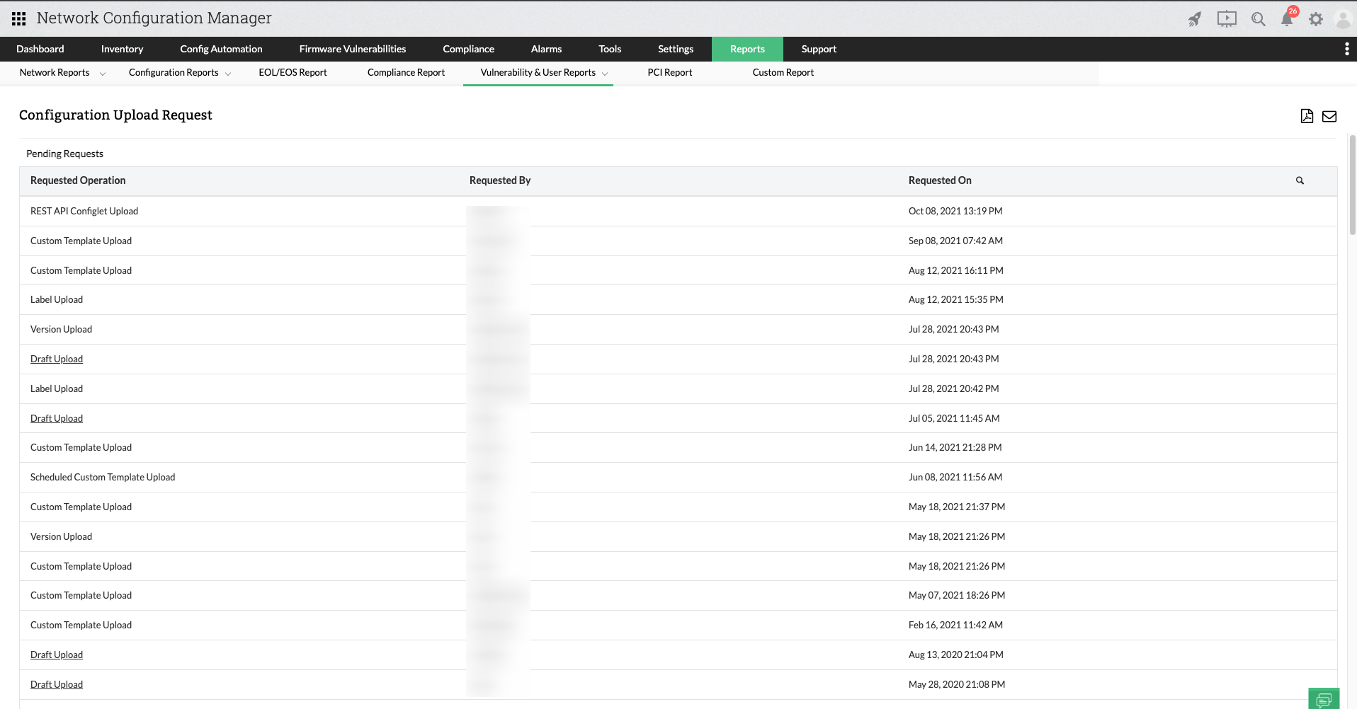 Dashboard de informes de solicitudes para cargas de configuraciones de NCM	