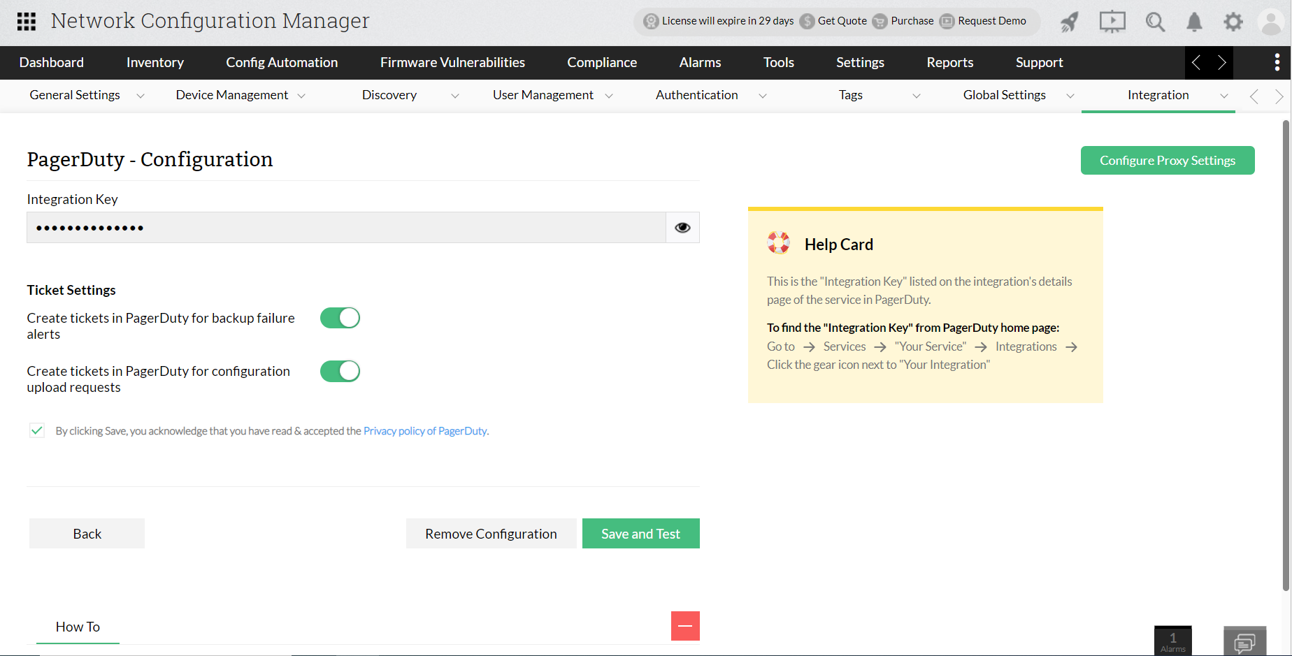 Dashboard de integración de PagerDuty con Network Configuration Manager