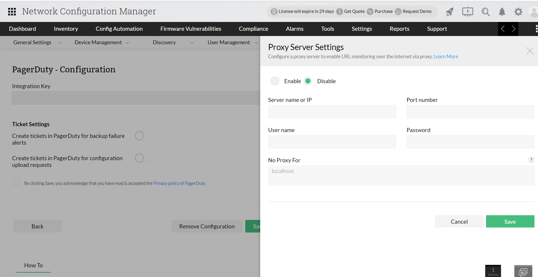 Dashboard de configuración de integración de PagerDuty con Network Configuration Manager