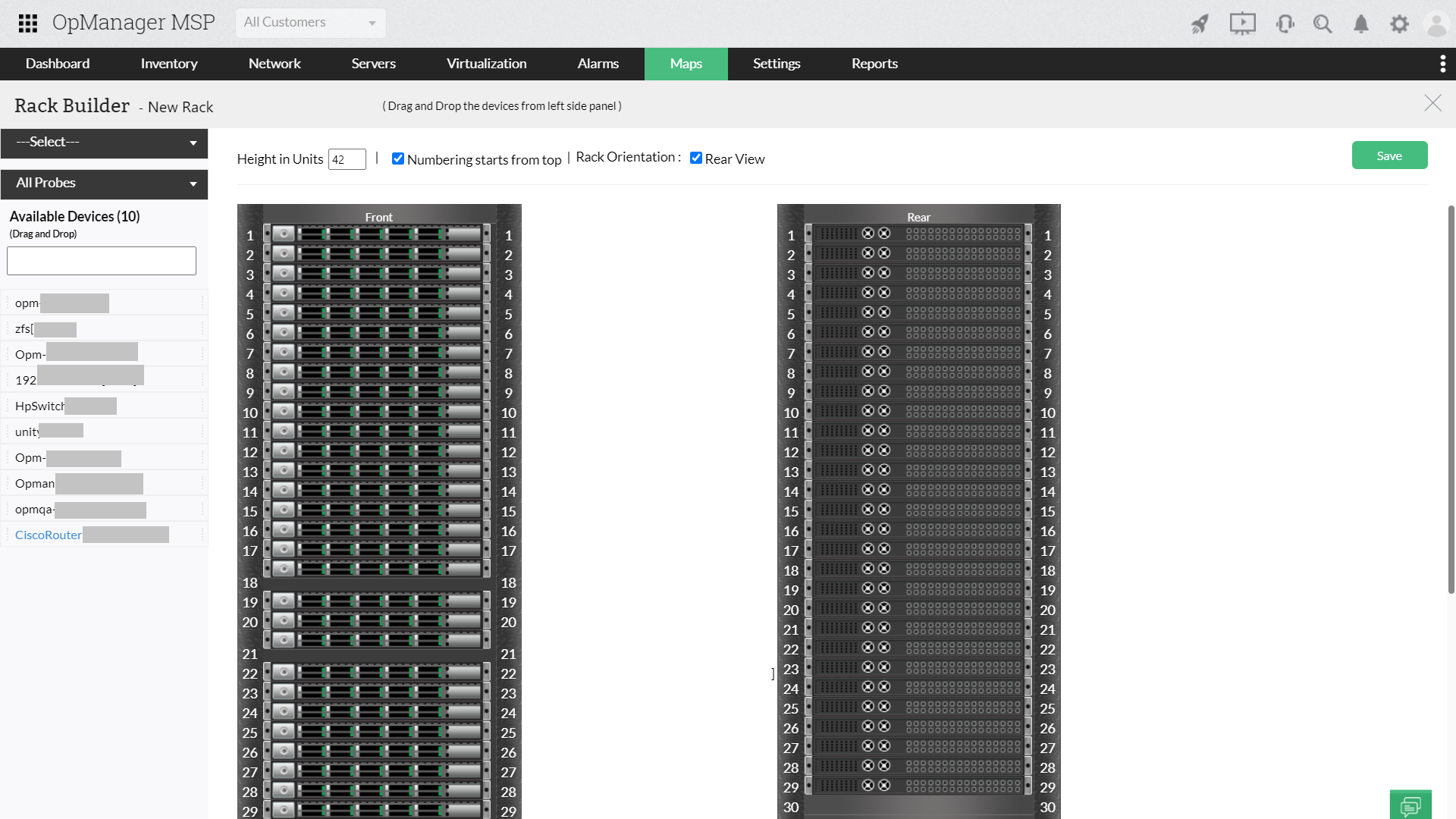 Vista de Rack - ManageEngine OpManager MSP