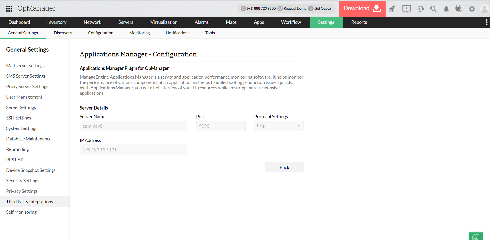 APM plugin settings page in ManageEngine OpManager