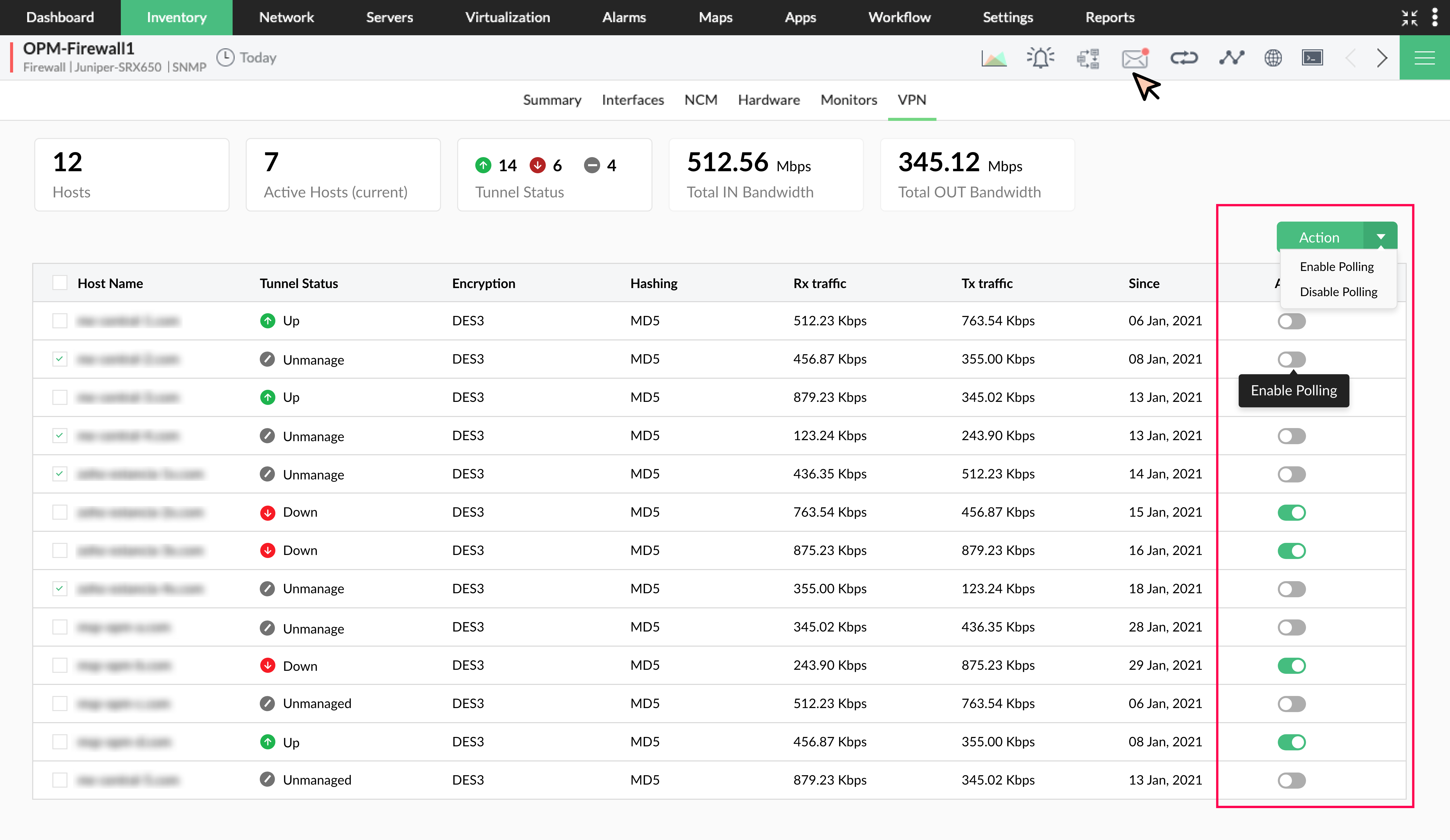 在 OpManager 中禁用防火墙设备 VPN 隧道监控的步骤：在主机列表中切换轮询操作