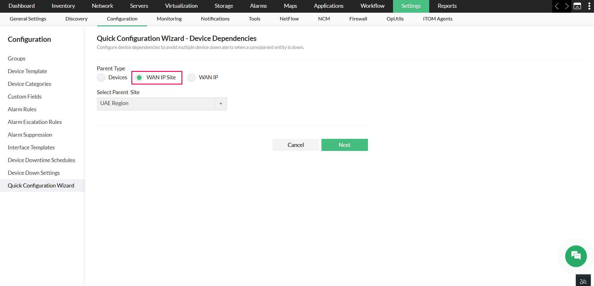 Uplink dependency in OpManager: WAN IP and WAN IP Site