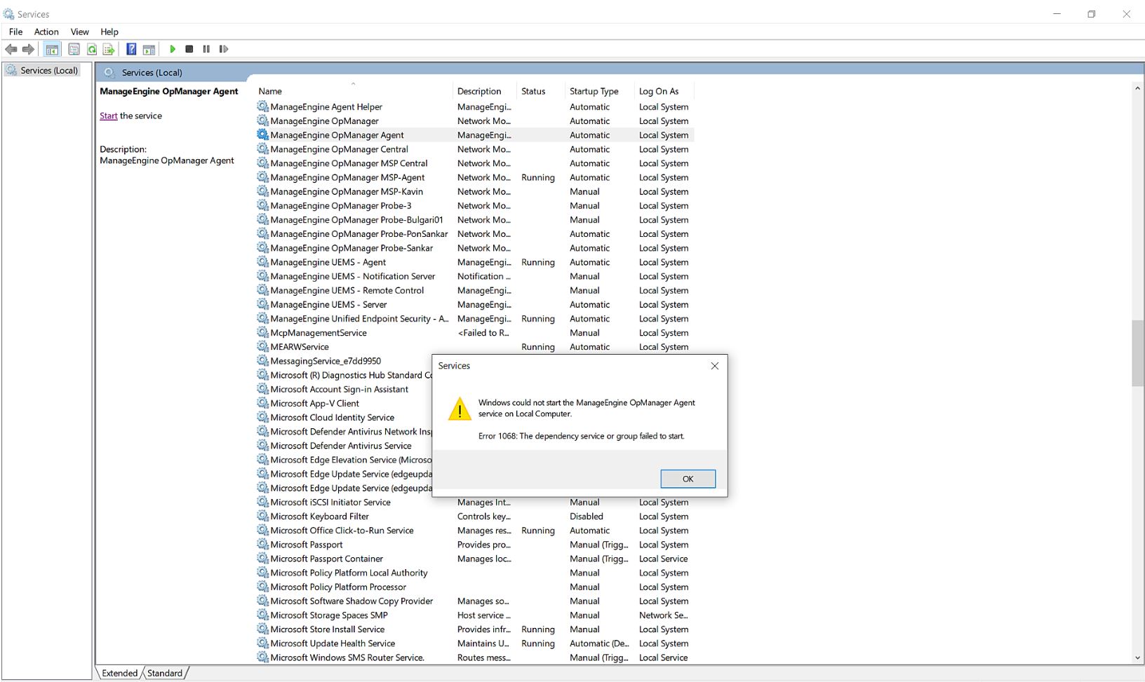 OpManager agent installation errors and it's troubleshooting: Agent failed to start