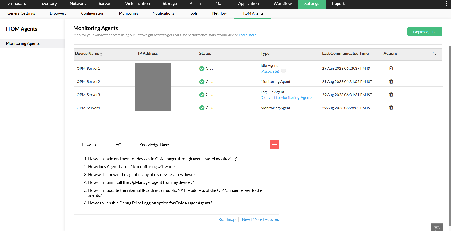 Agent monitoring and settings page in OpManager