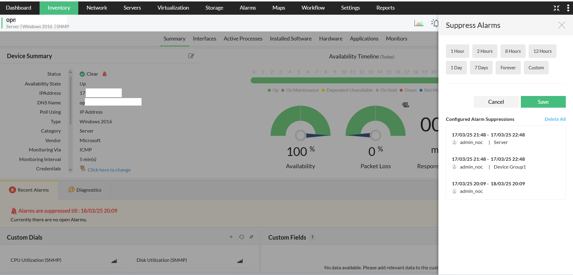 Alarm Suppression in OpManager: Device suppression