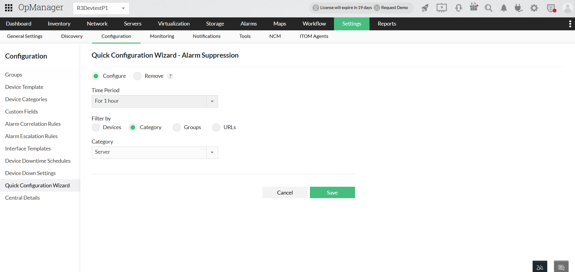 Alarm Suppression in OpManager: Quick Configuration Wizard