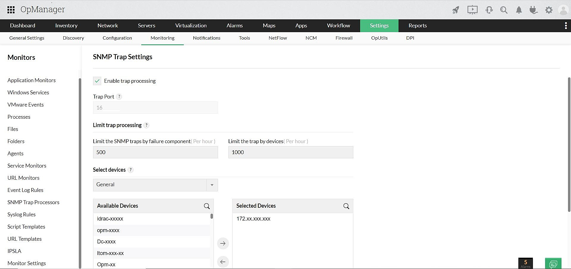 SNMP trap processing in OpManager: SNMP trap settings page