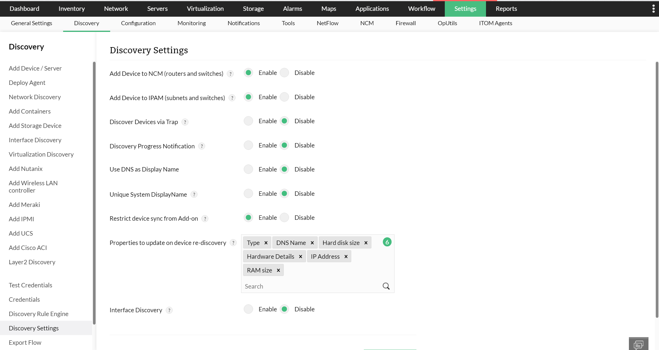OpManager 中的发现设置:发现设置页面