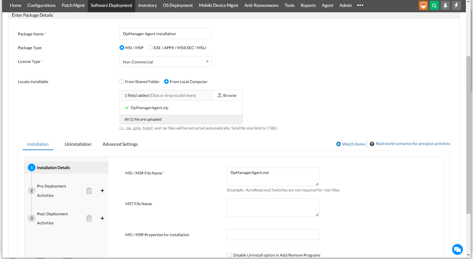 Deploying OpManager agents through Endpoint Central