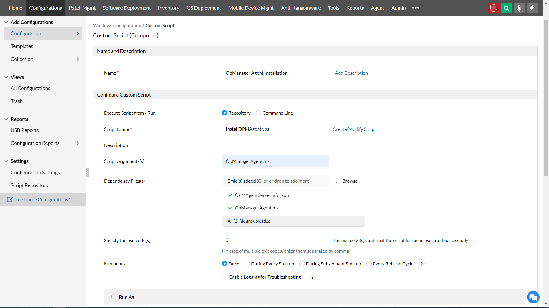 Installing OpManager agents through endpoint central
