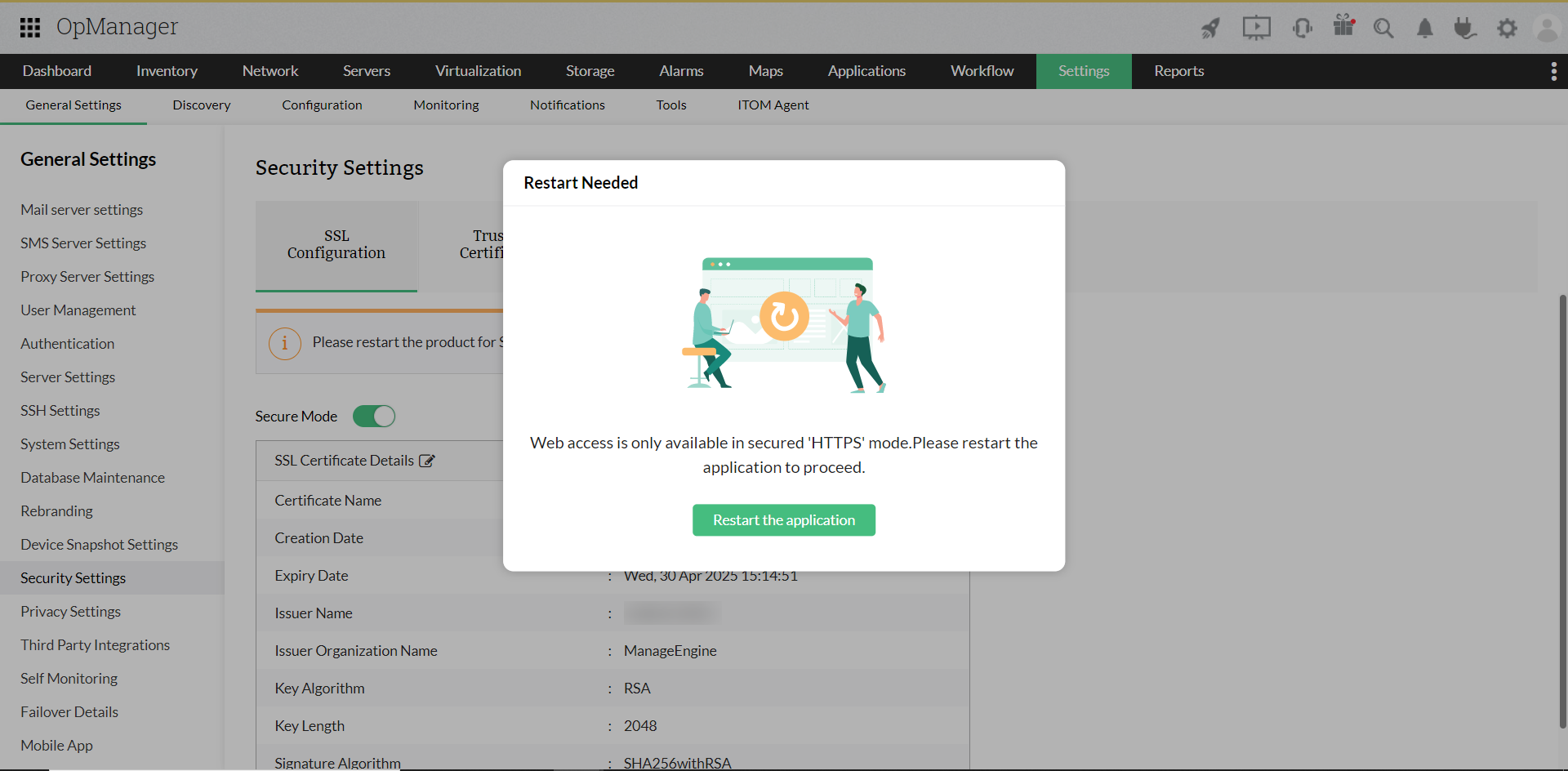 Enabling HTTPS configuration in OpManager: Restart application after license application