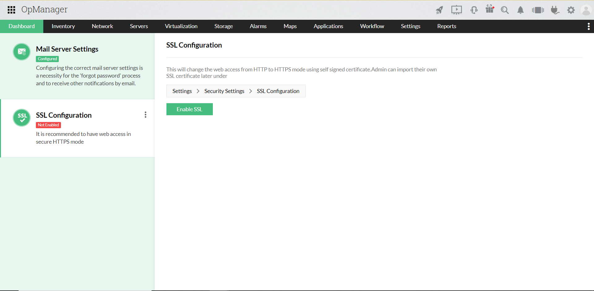 Enabling HTTPS configuration in OpManager: Enable SSL