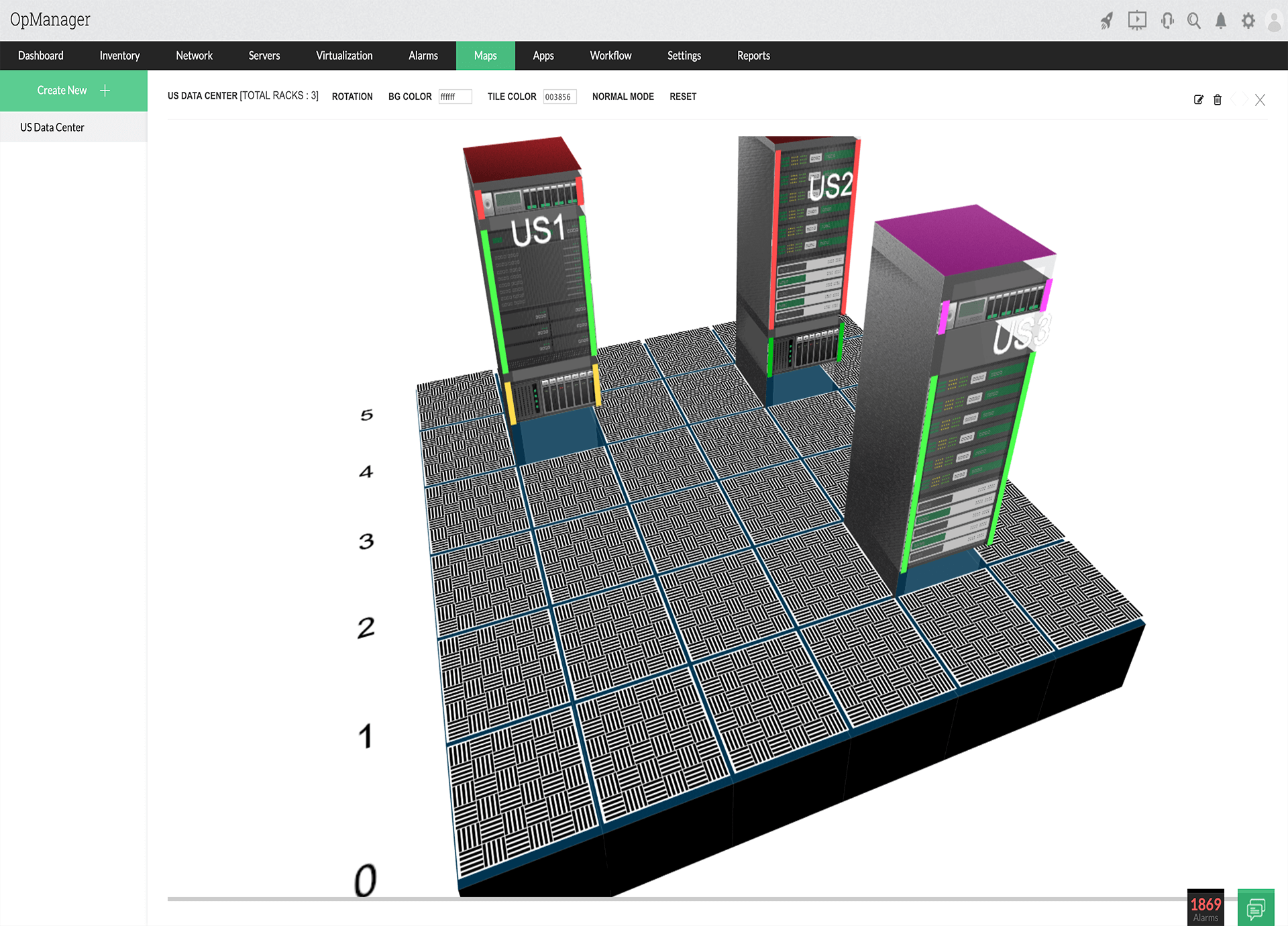 Visualização 3D de racks de monitoramento.