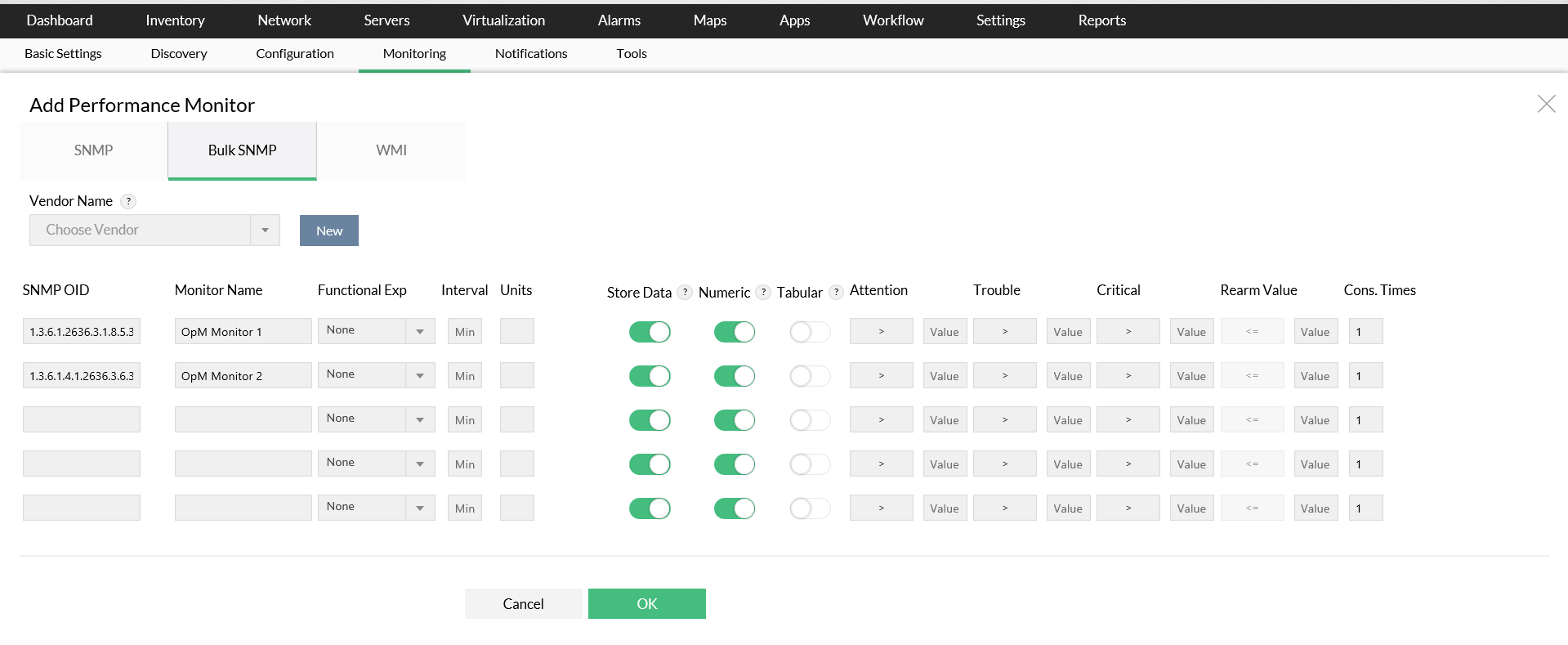 Añadir monitores de rendimiento predefinidos - ManageEngine OpManager