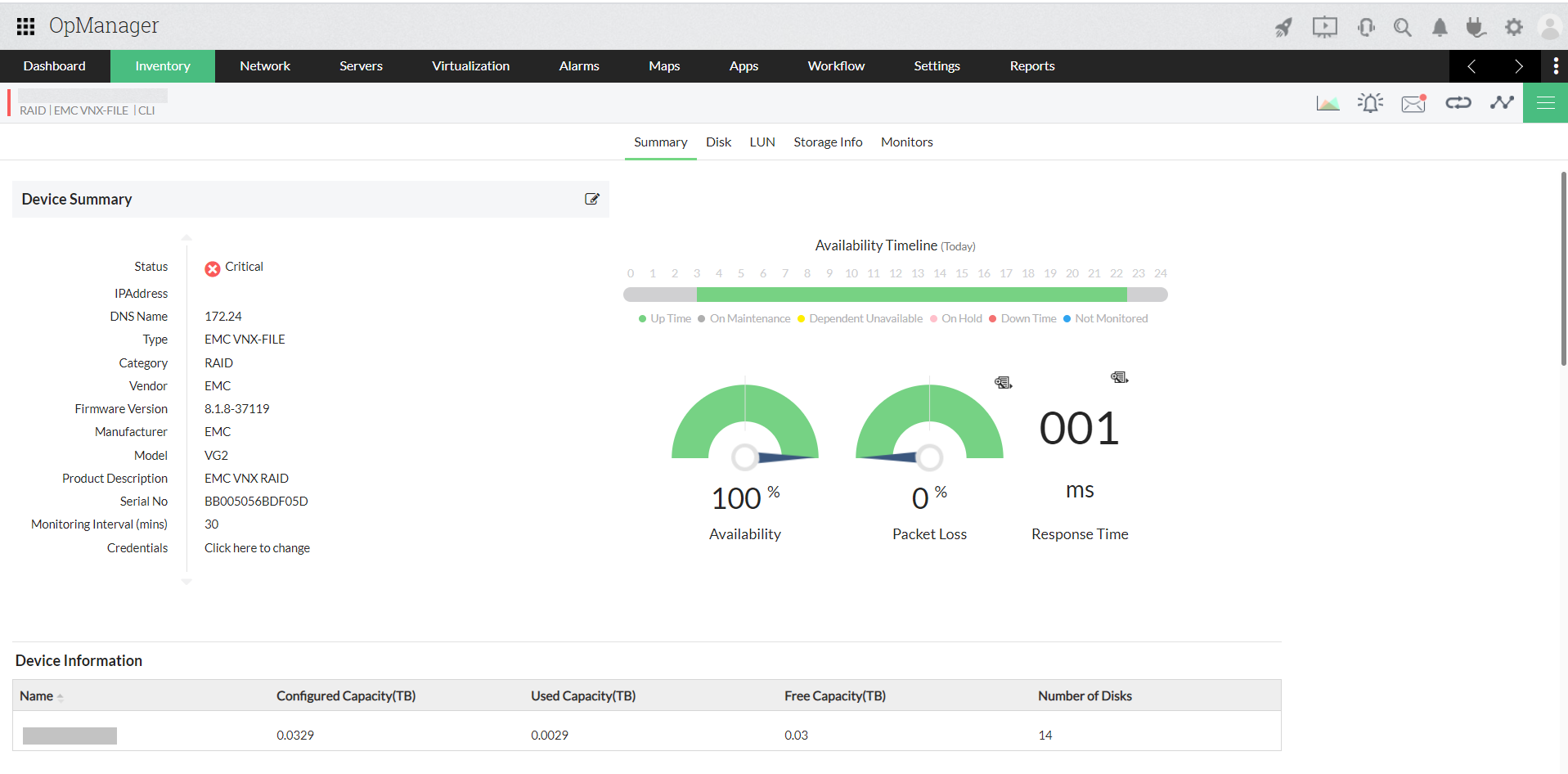 Summary of RAID Storage Device - ManageEngine OpManager