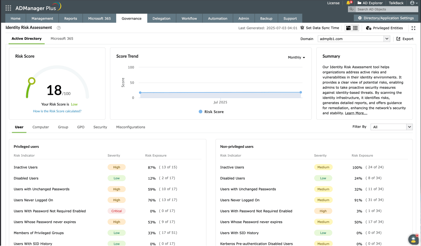 Risicobeoordeling van identiteit in ADManager Plus