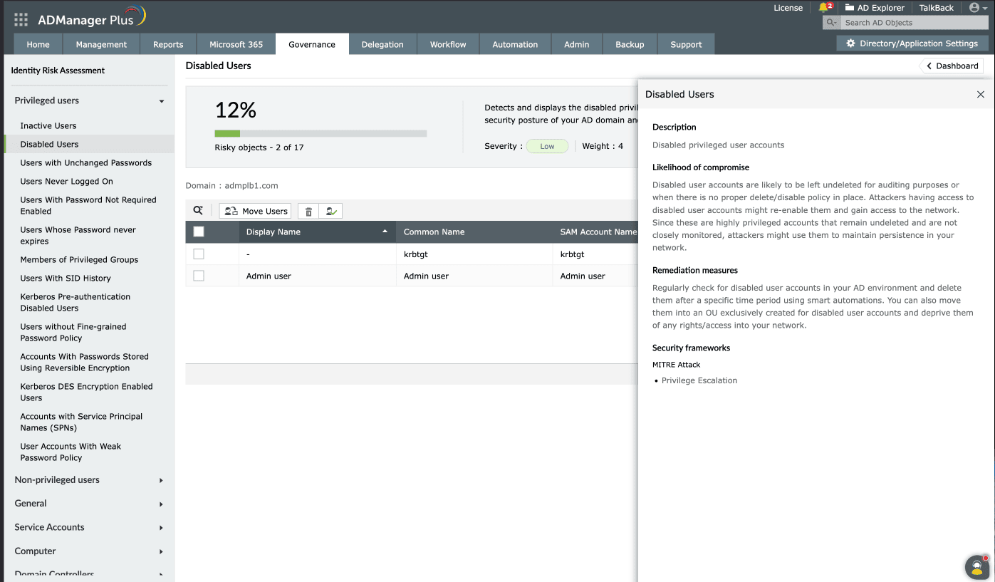 Risicobeoordeling van identiteit in ADManager Plus