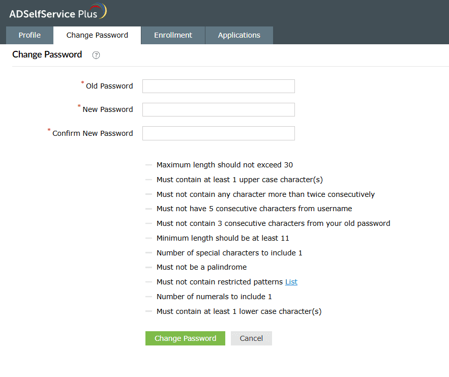 ADSelfService Plus-webportaalinterface om het Active Directory-wachtwoord te wijzigen.