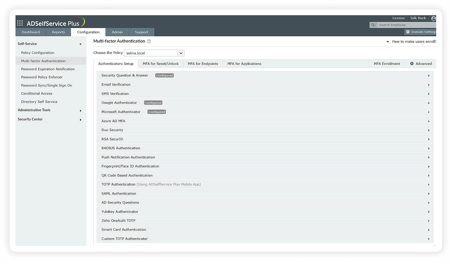Configureer MFA authenticatoren in ADSelfService Plus om te voldoen aan NIST.